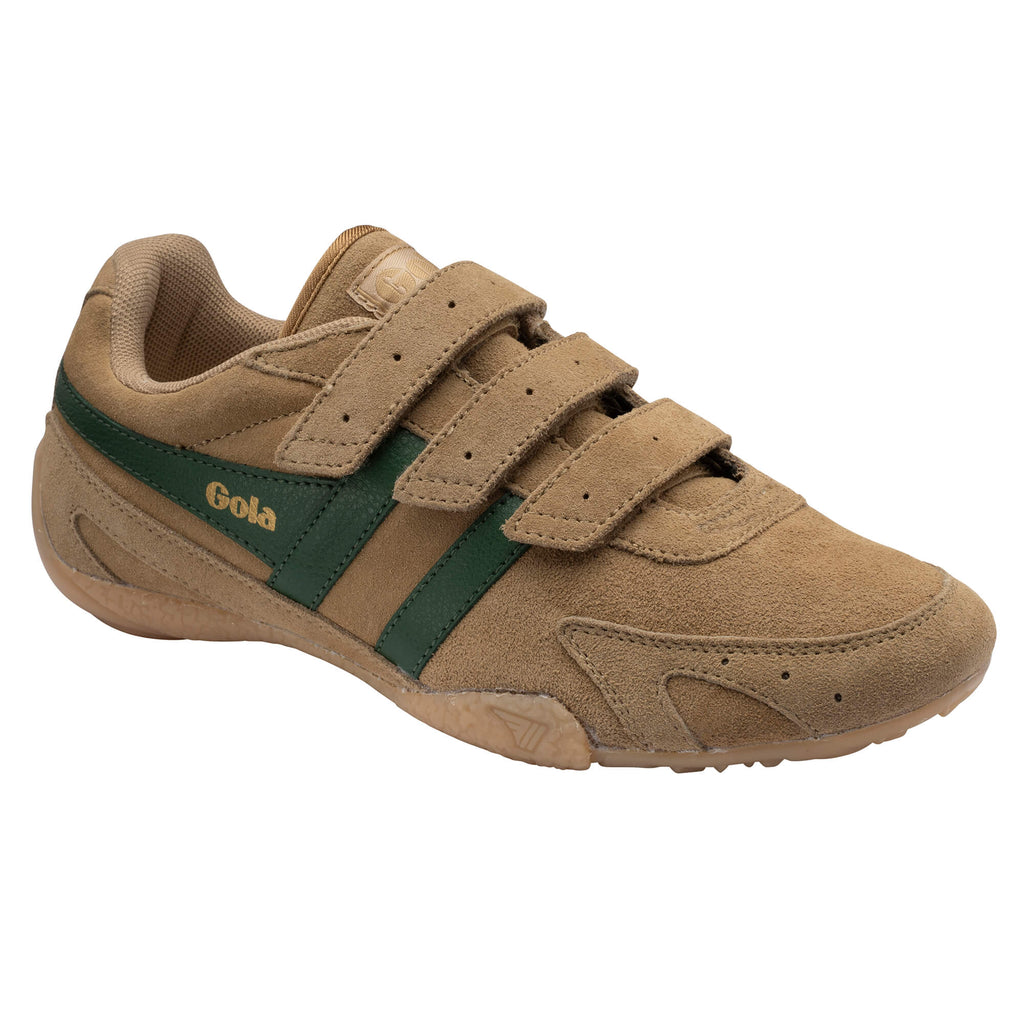 Gola Kids Coaster Velcro trainers in tan with green stripes