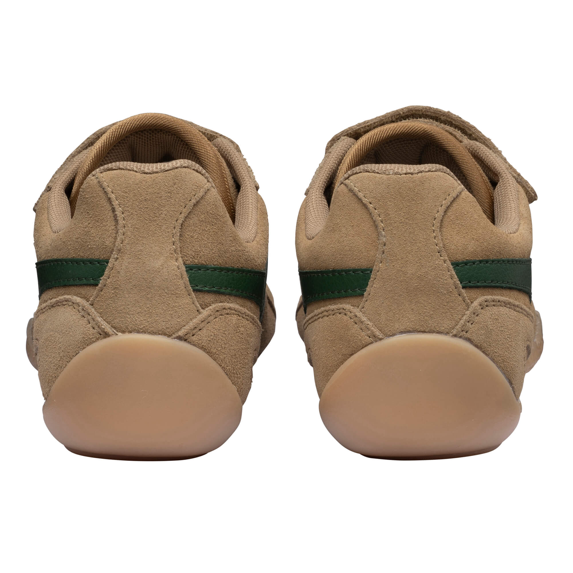 Pair of tan suede trainers with green stripes on the heel, rear view