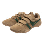 Pair of Gola Harrier velcro trainers in tan suede with green stripes