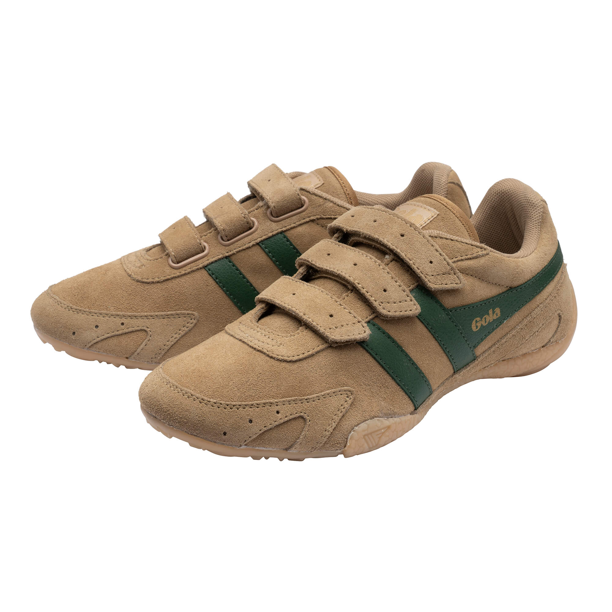 Pair of Gola Harrier velcro trainers in tan suede with green stripes