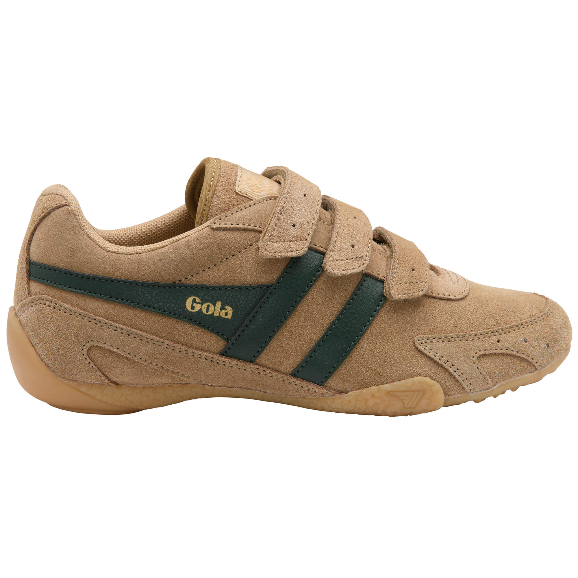 Gola Kids Coaster velcro trainer in tan with green stripes