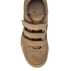 Top-down view of a Gola Kids Coaster velcro trainer in tan with green stripes