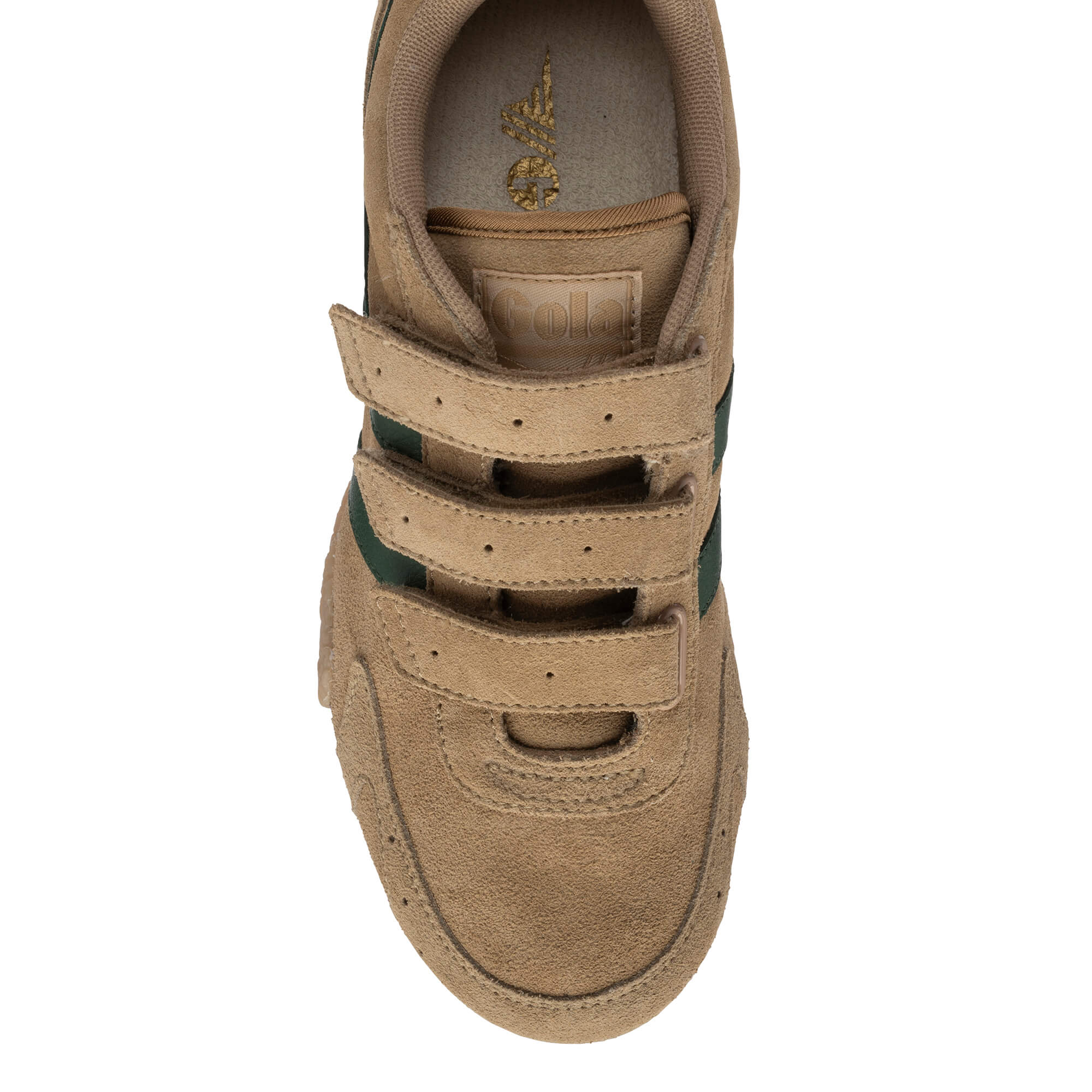 Top-down view of a Gola Kids Coaster velcro trainer in tan with green stripes