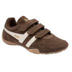 Brown Gola trainer with three hook and loop straps and white stripes