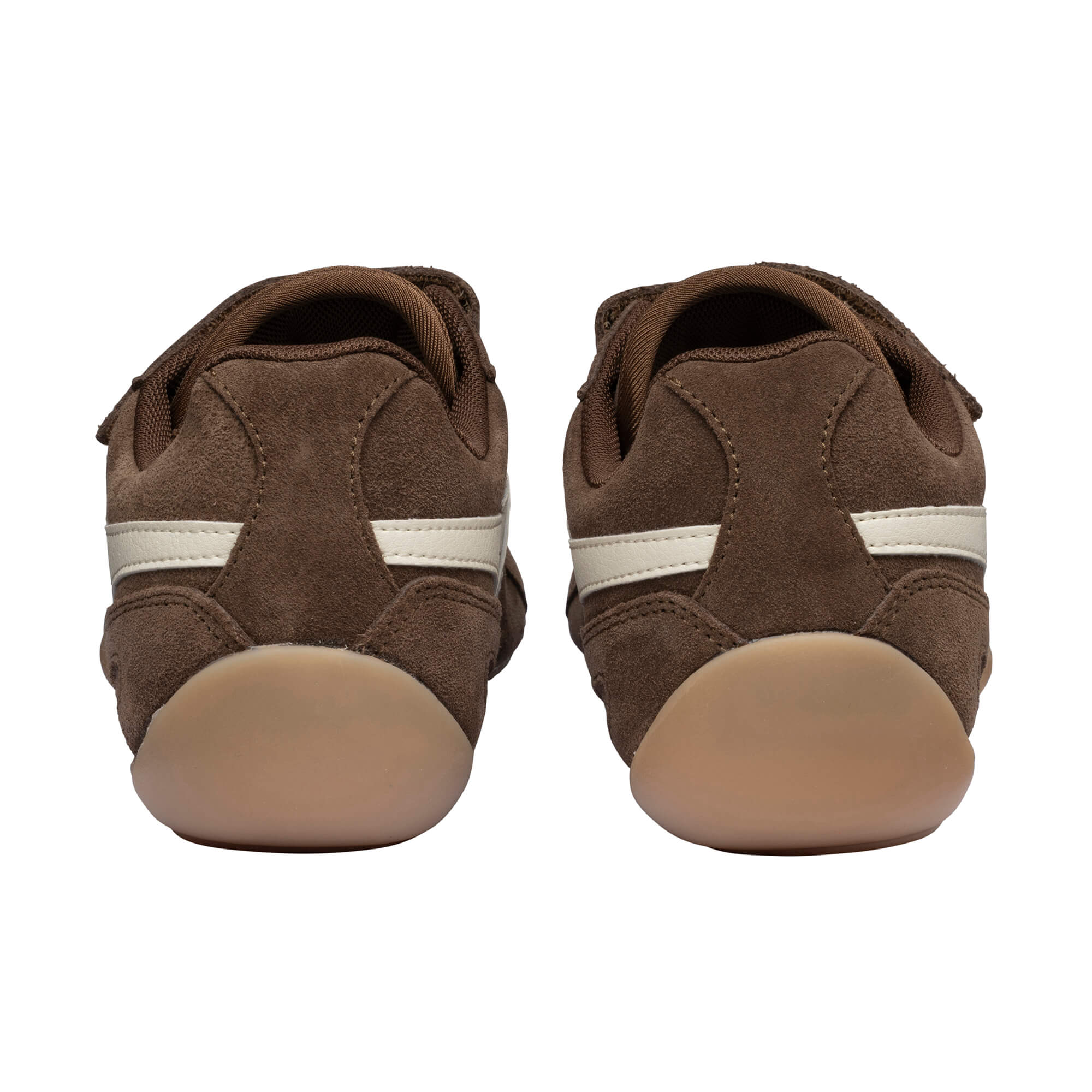 Pair of brown suede trainers with white stripes and tan soles, rear view