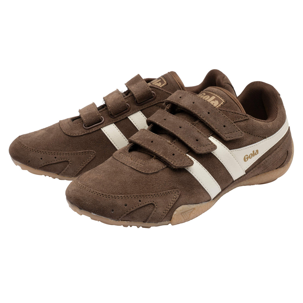 Pair of brown Gola Harrier trainers with white stripes and three hook-and-loop straps