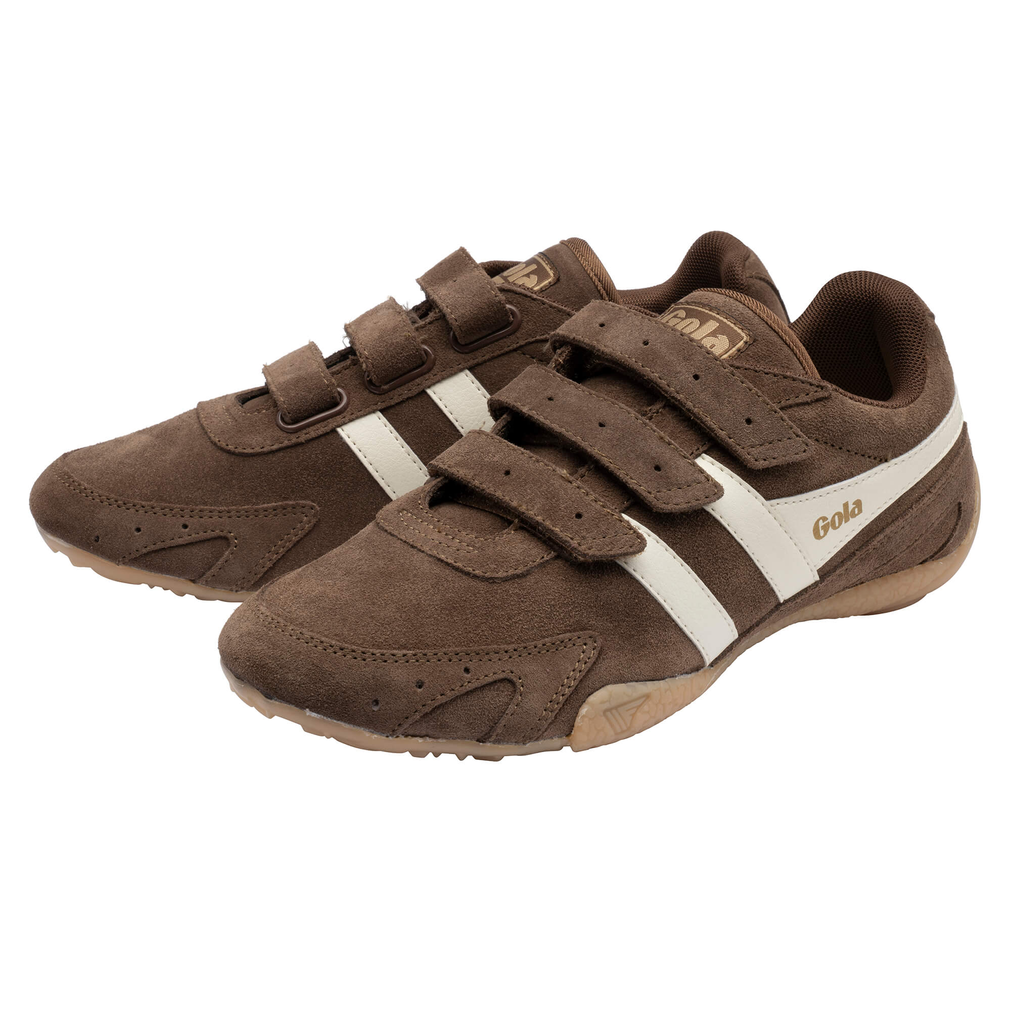 Pair of brown Gola Harrier trainers with white stripes and three hook-and-loop straps