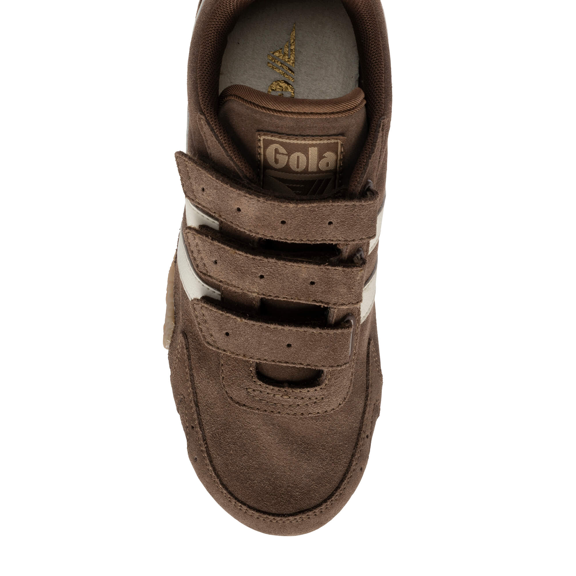 Brown suede Gola trainers with three hook and loop straps and white stripes