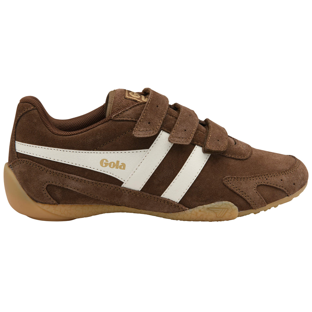 Brown Gola trainer with three hook and loop straps and white stripes on the side