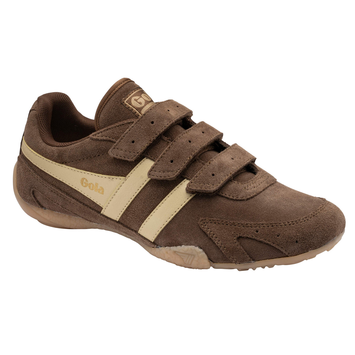 Brown suede Gola trainer with three Velcro straps and cream stripes