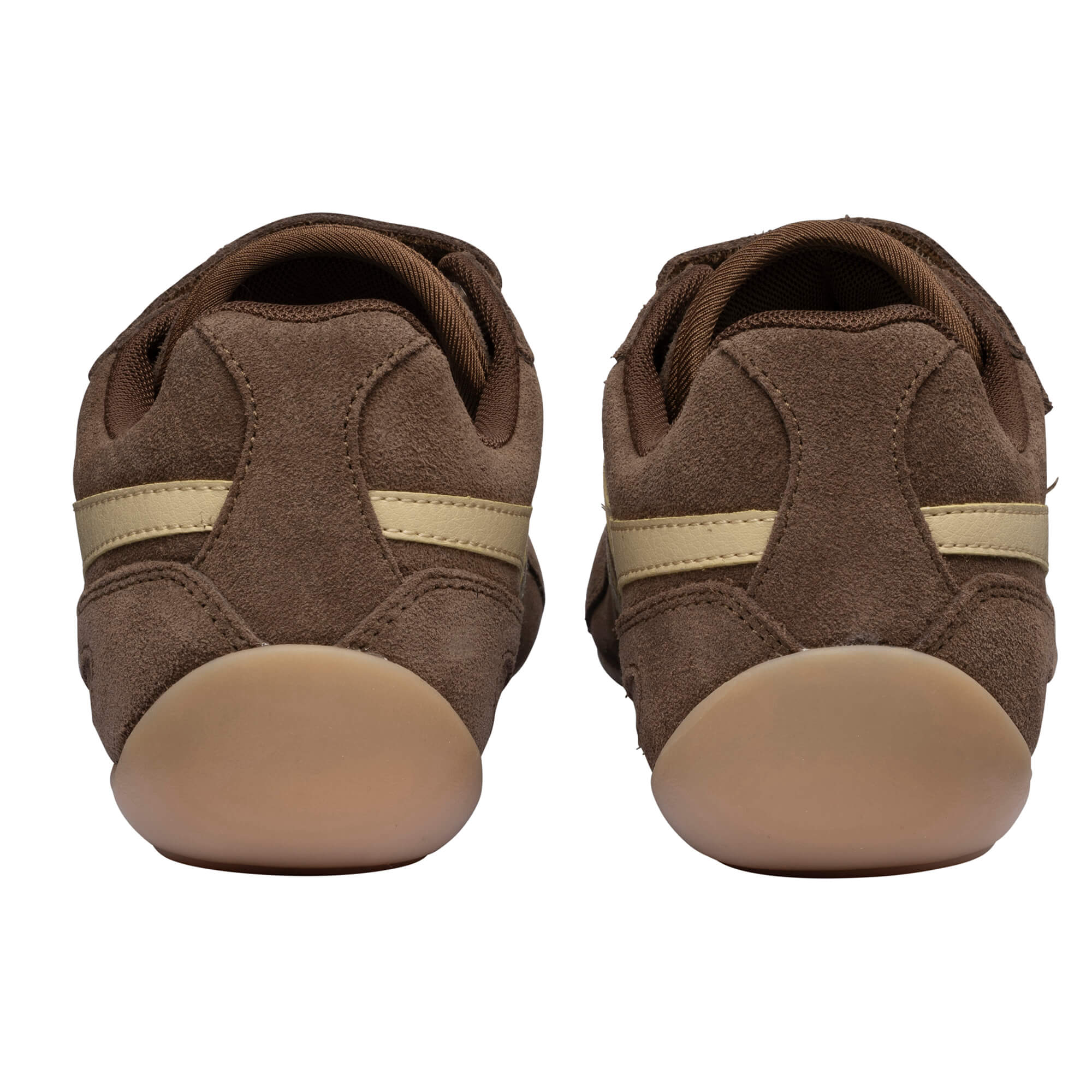Pair of brown suede trainers with light brown stripes and soles, rear view