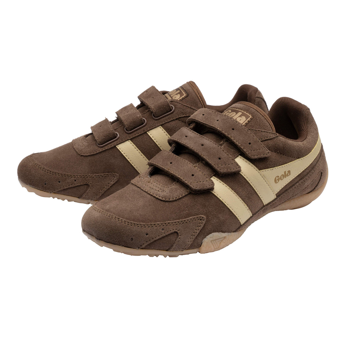 Pair of Gola Kids Coaster Velcro trainers in brown suede with cream stripes and Velcro fastenings