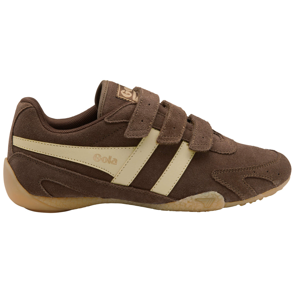 Brown Gola trainer with three hook and loop straps and cream stripes