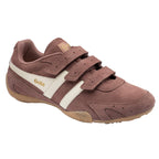 Gola Kids Coaster Velcro Trainers in brown with white stripes and a gum sole