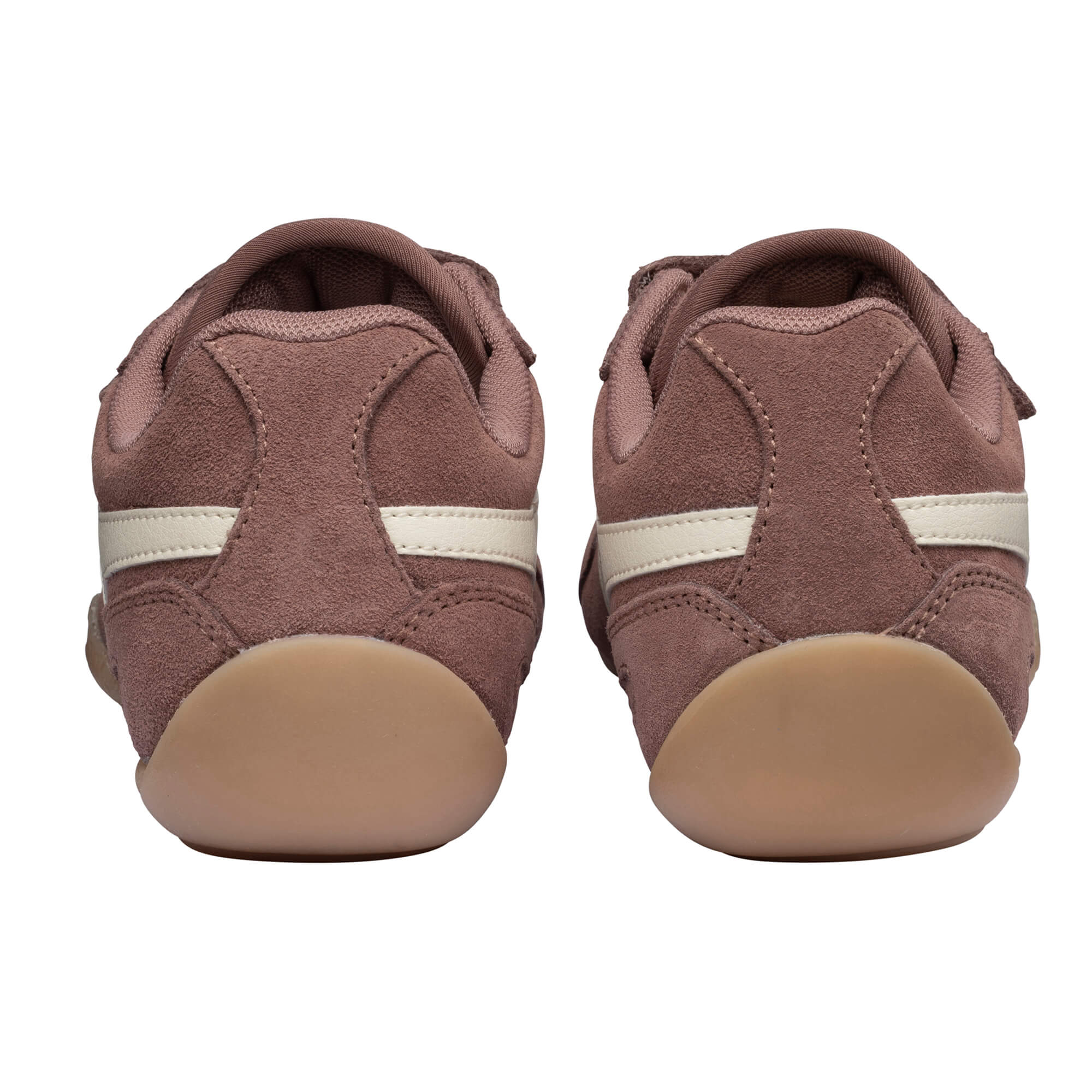 Pair of brown suede trainers with white stripes and tan soles, rear view