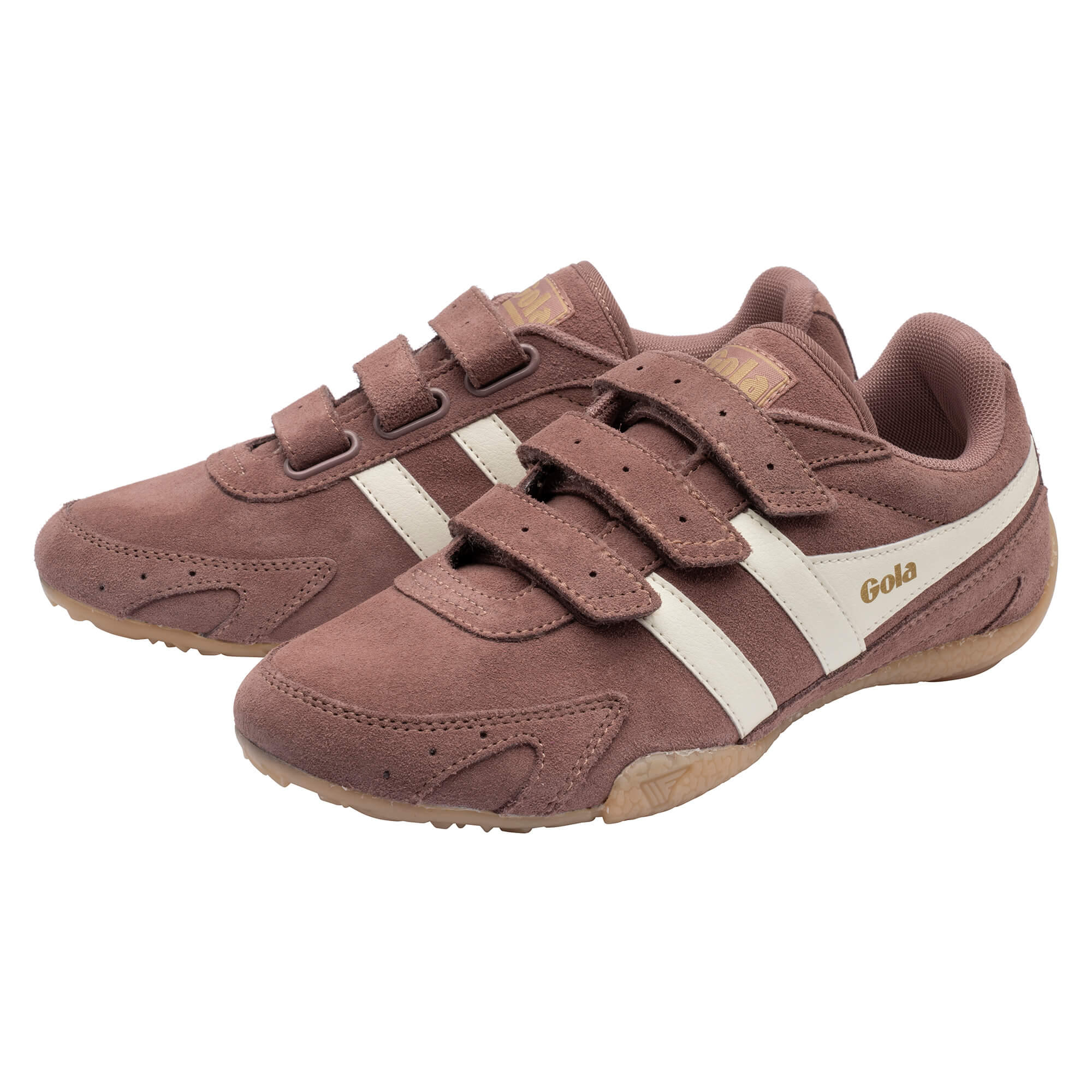 Pair of Gola Kids Coaster velcro trainers in brown suede with cream stripes