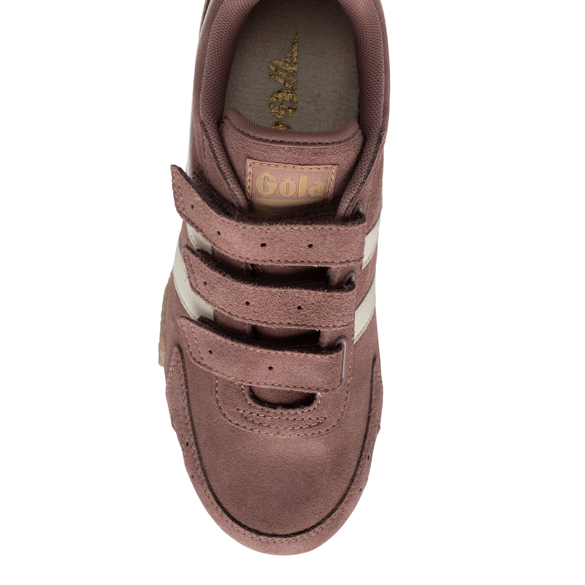 Top-down view of a Gola Kids Coaster velcro trainer in dusky pink with cream stripes