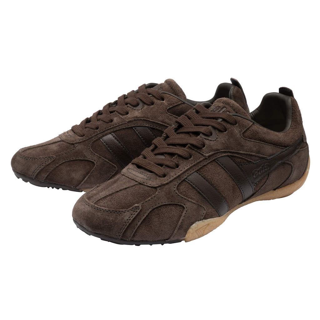Pair of Gola Harrier suede trainers in dark brown with lighter brown soles