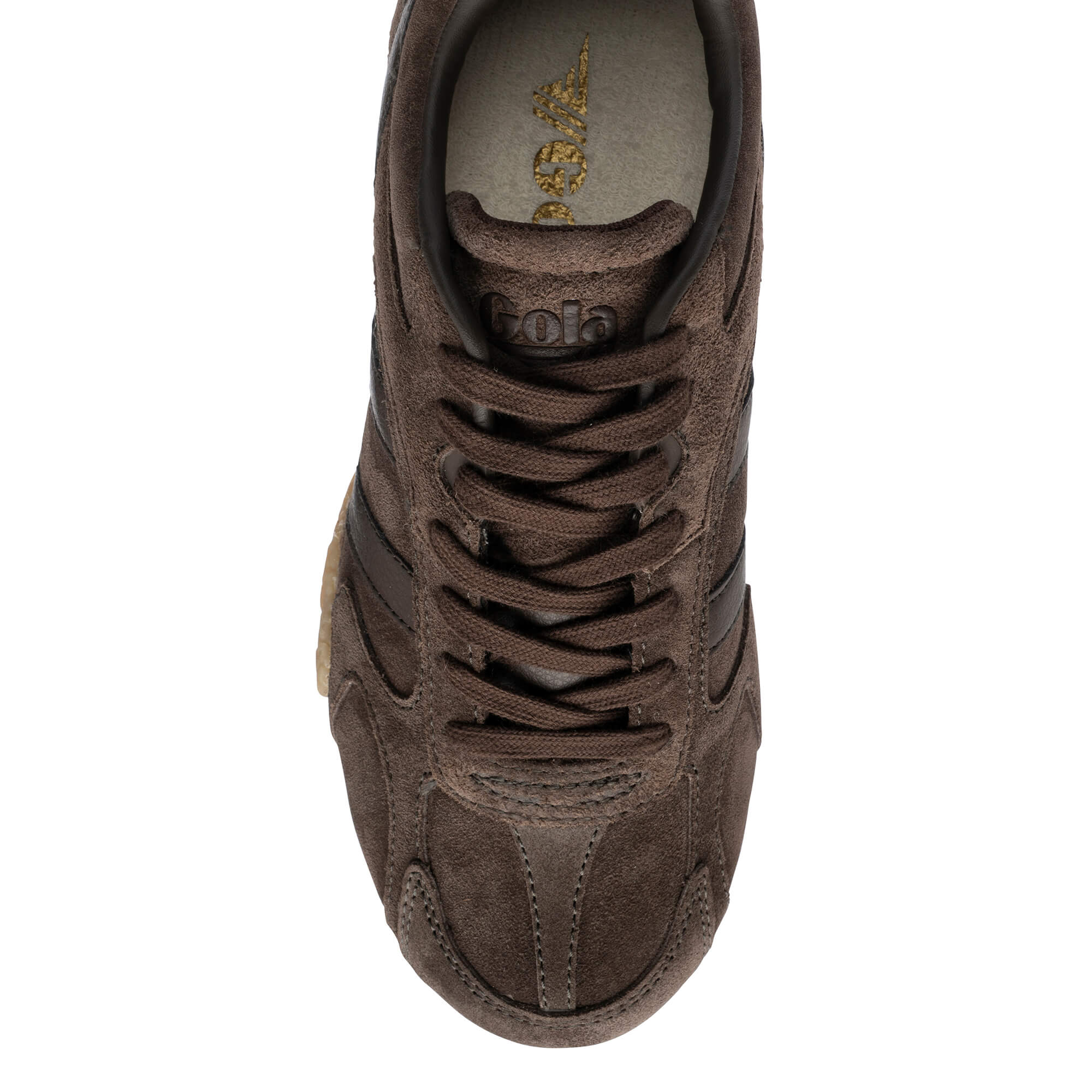 Brown suede Gola trainer with dark brown laces and trim
