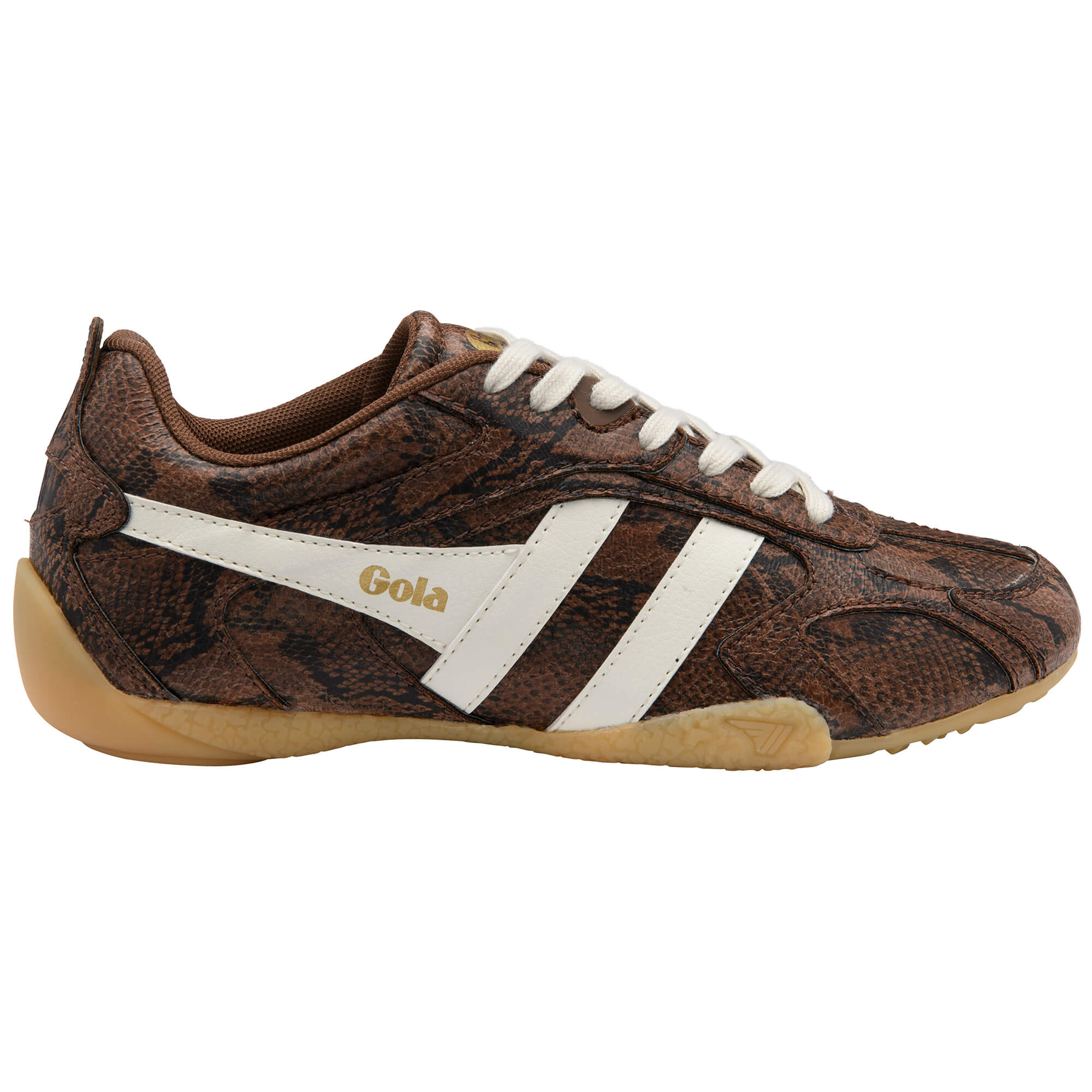 Gola women's trainer in brown snakeskin print with white stripes and laces