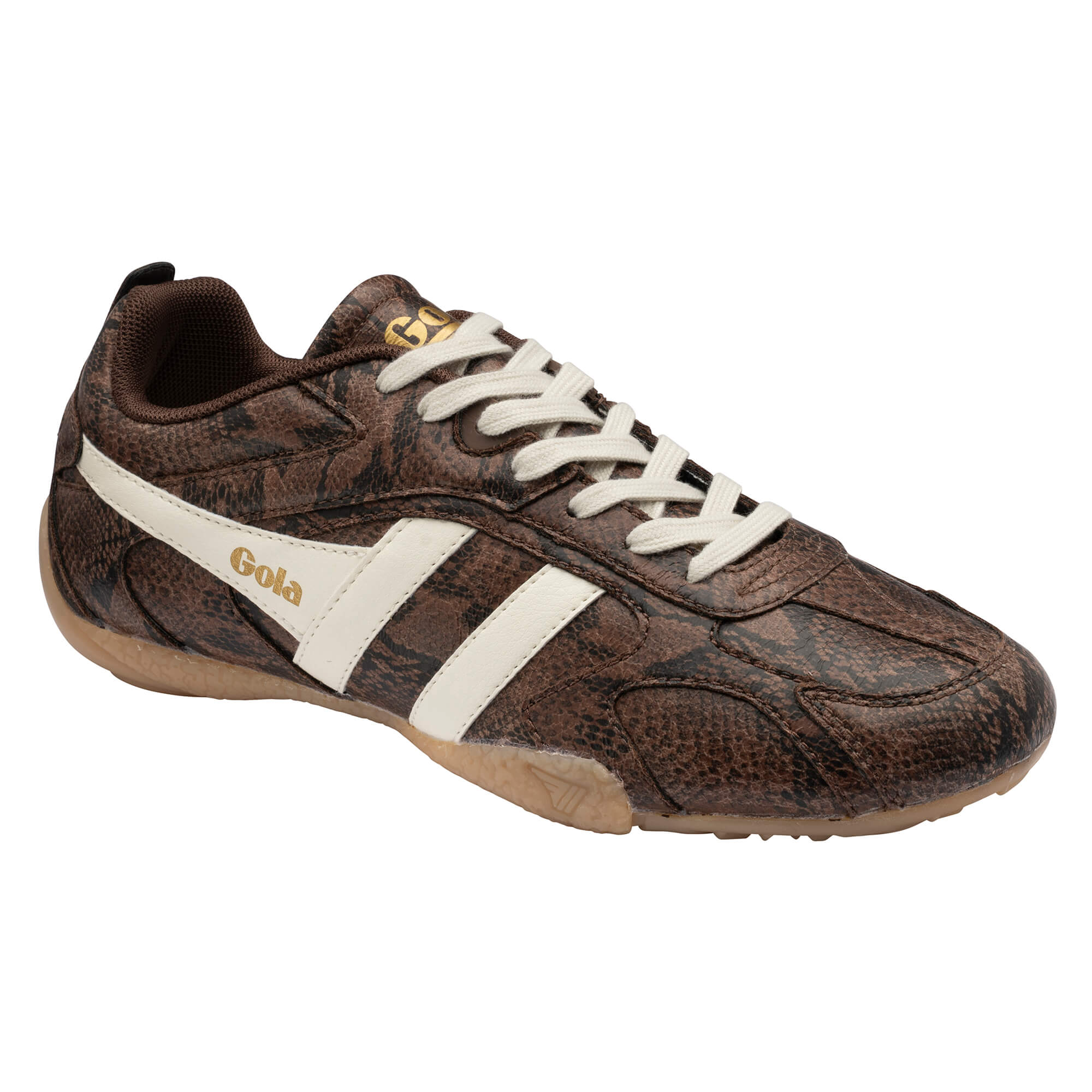 Gola Harrier trainer in brown snakeskin print with white stripes and laces