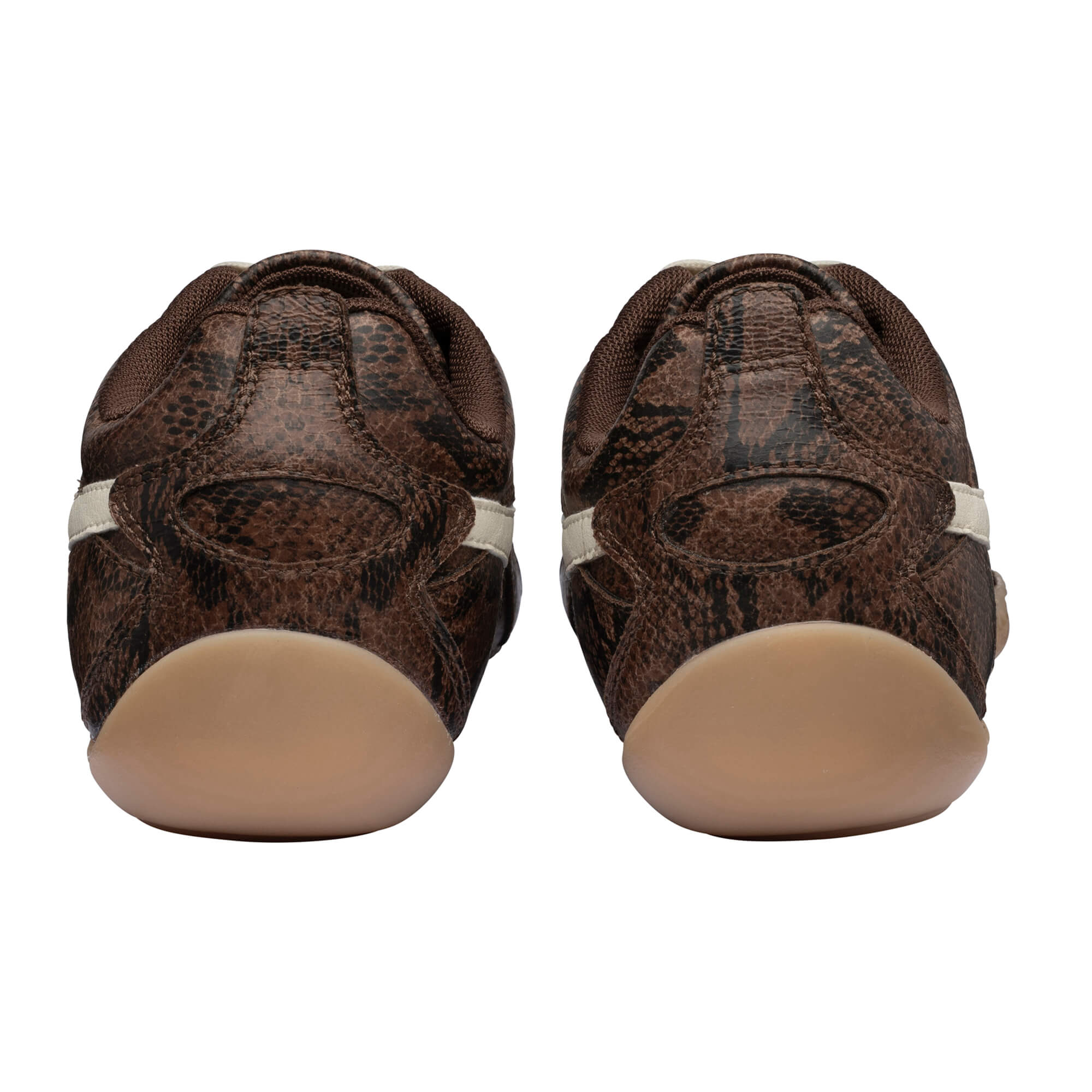 Pair of brown snakeskin pattern trainers with beige soles, rear view