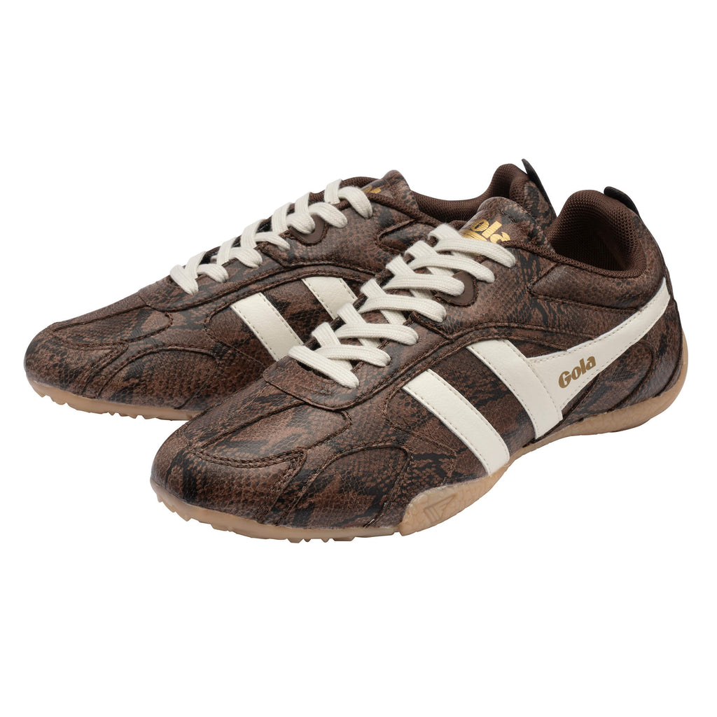 Pair of Gola Harrier trainers in brown snakeskin print with white stripes and laces
