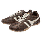 Pair of Gola Harrier trainers in brown snakeskin print with white stripes and laces