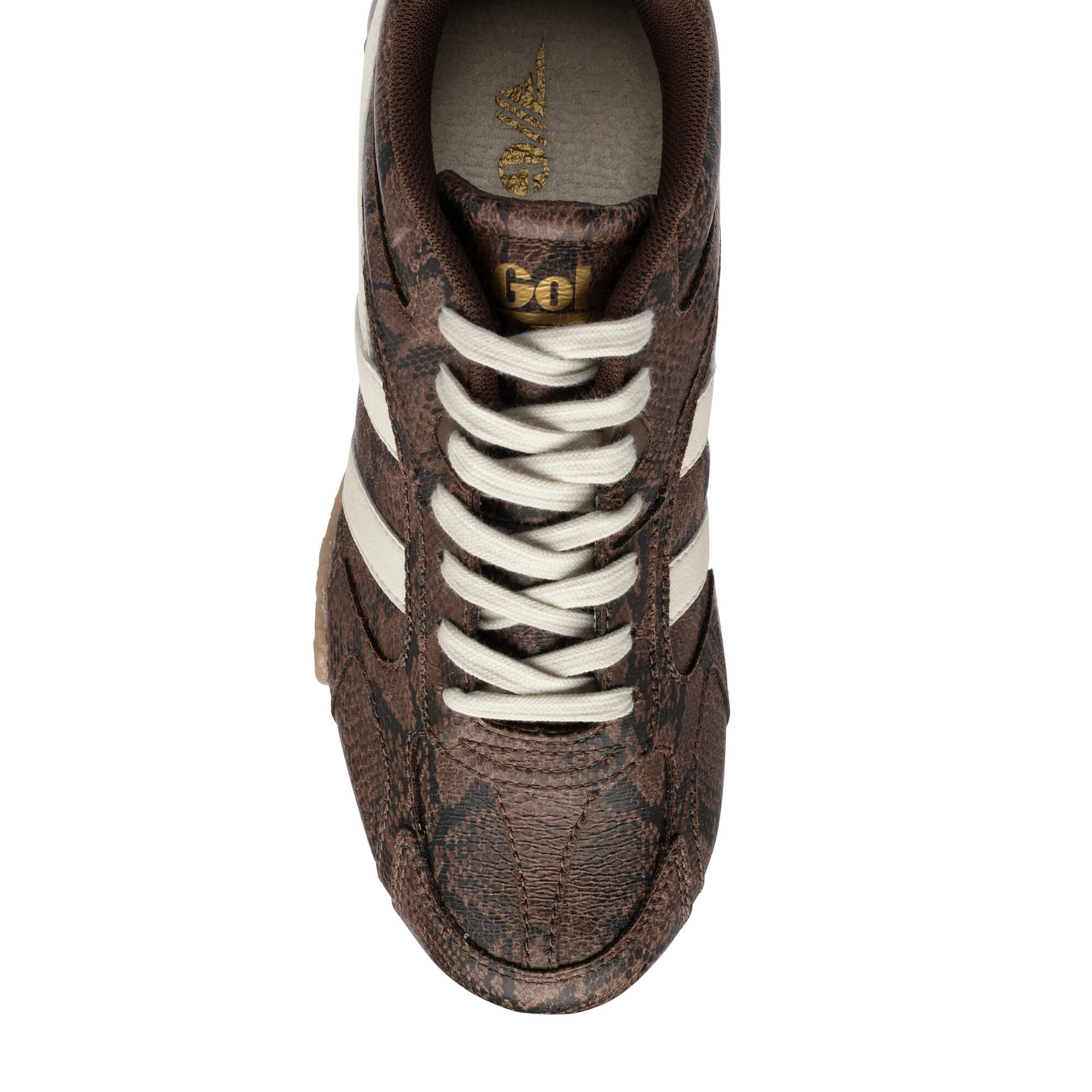 Close-up top view of a brown Gola trainer with a snakeskin pattern, white laces, and white side stripes