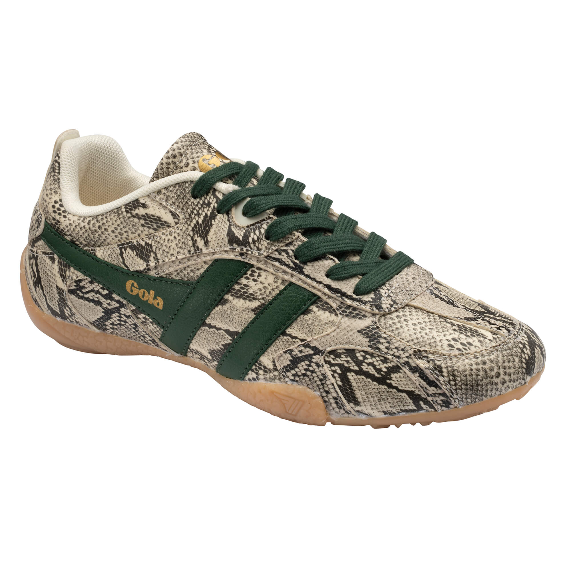 Gola trainer in snakeskin print with dark green laces and side stripes