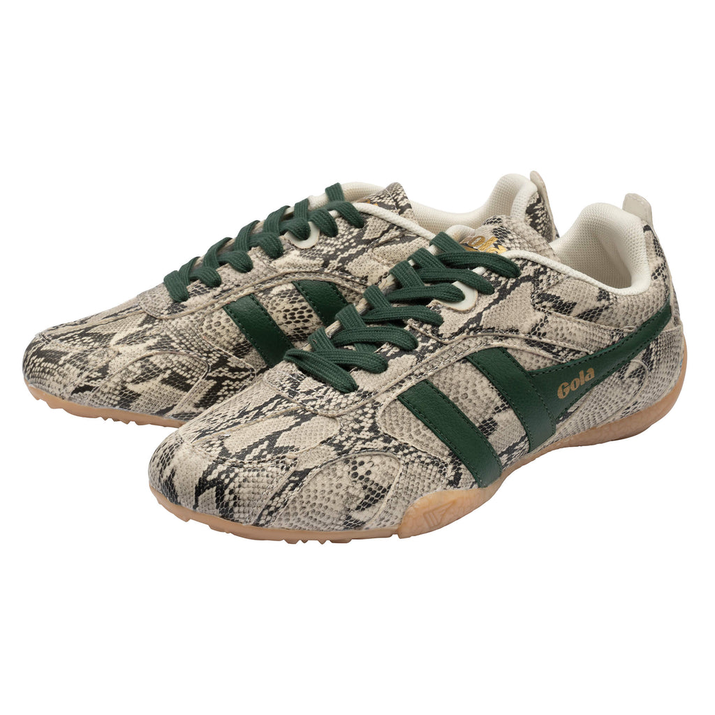 Pair of Gola trainers with snakeskin pattern and dark green laces and stripes