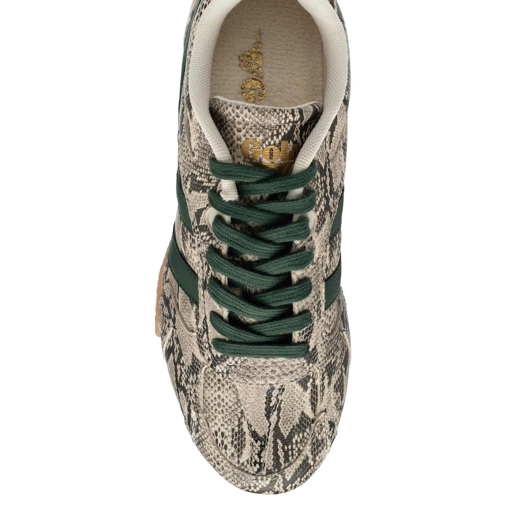 Top-down view of a Gola trainer in snakeskin print with dark green laces and side stripes