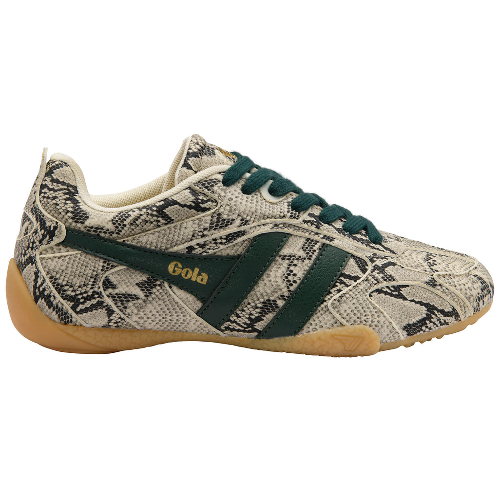 Gola Harrier trainer in snakeskin print with dark green laces and Gola branding