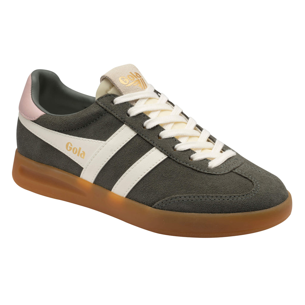 Gola women's trainer in dark green suede with white stripes, pink heel tab, and gum sole