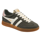 Gola women's trainer in dark green suede with white stripes, pink heel tab, and gum sole
