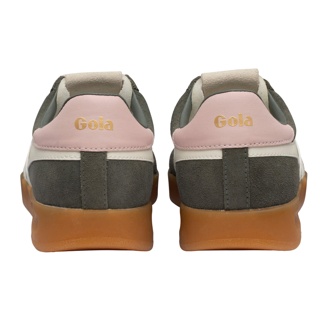 Rear view of two Gola trainers in dark green suede with pink heel tabs and gum soles