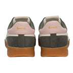Rear view of two Gola trainers in dark green suede with pink heel tabs and gum soles