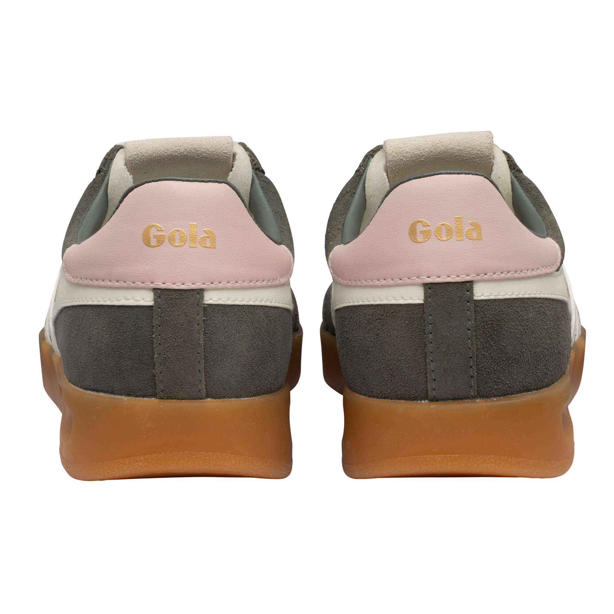 Rear view of two Gola trainers in dark green suede with pink heel tabs and gum soles