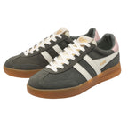 Pair of Gola Harrier trainers in dark green suede with white stripes, white laces, and a brown sole