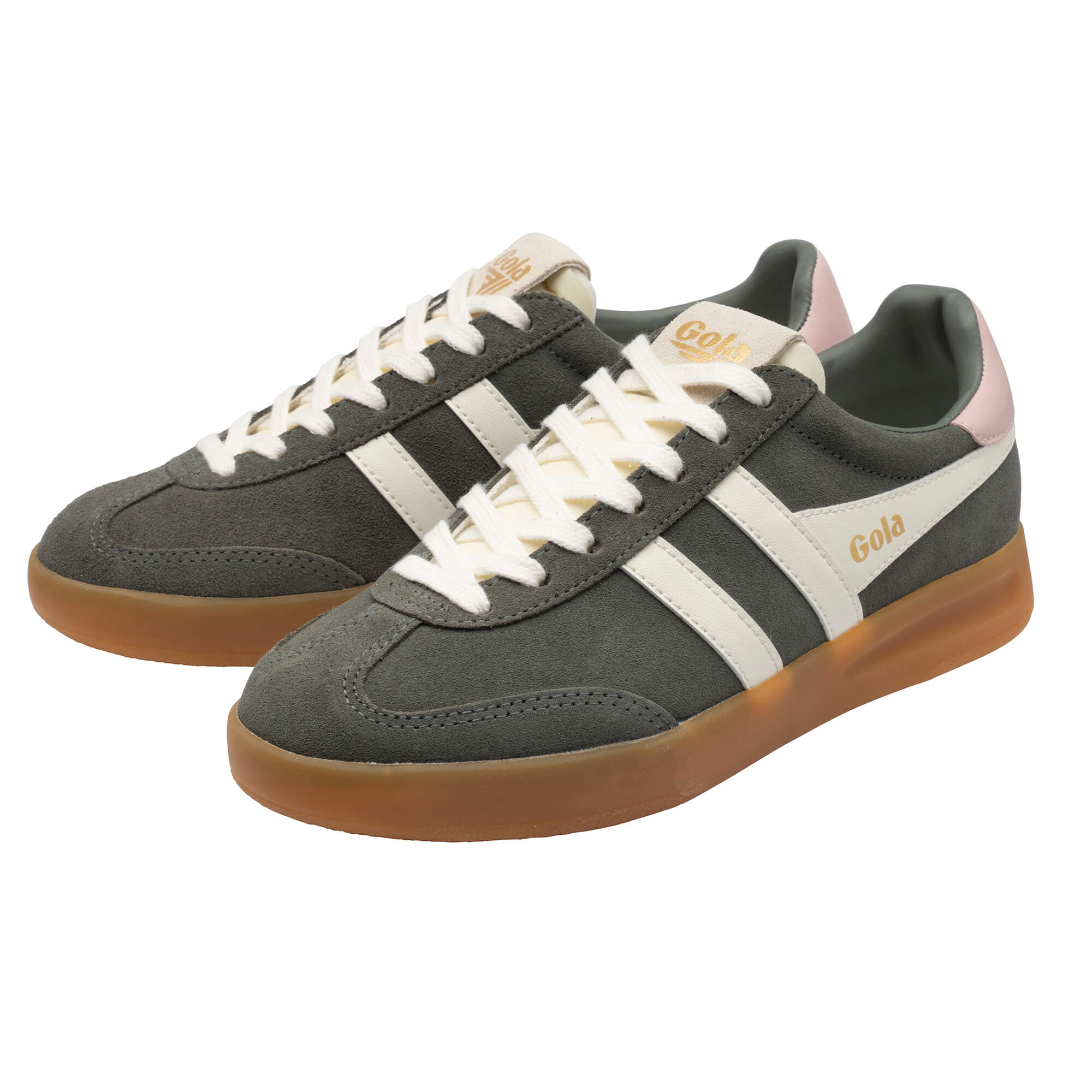 Pair of Gola Harrier trainers in dark green suede with white stripes, white laces, and a brown sole