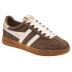 Brown suede Gola trainer with white stripes and laces, and a gum sole