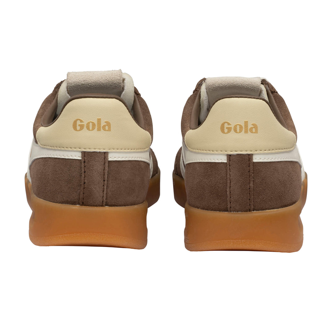 Rear view of two Gola trainers in brown suede with beige heel tabs and gum soles