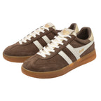 Pair of Gola Harrier trainers in brown suede with off-white stripes and laces, and a gum sole