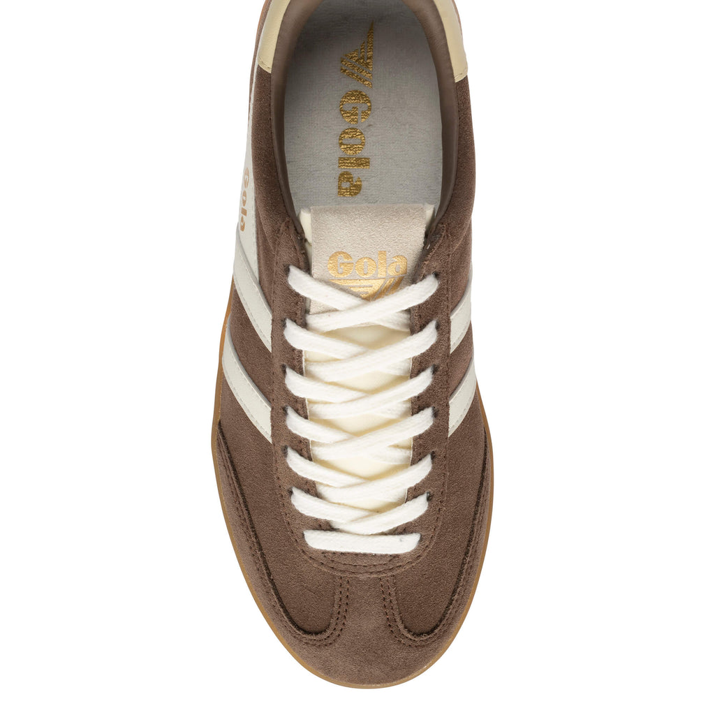 Brown Gola trainer with cream laces and stripes