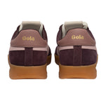 Pair of Gola trainers, rear view, in plum and pink suede with gum soles