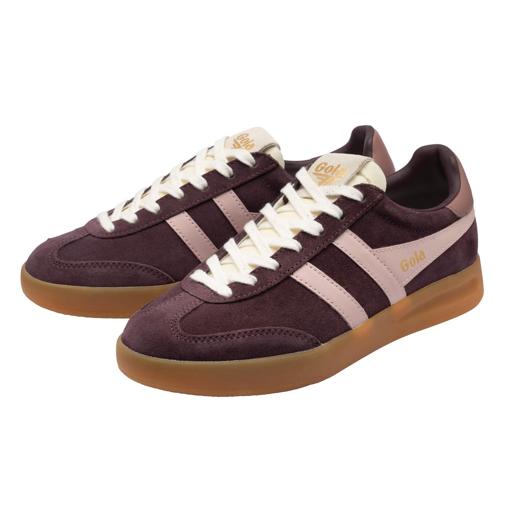 Pair of Gola Elan trainers in plum and pink with a gum sole