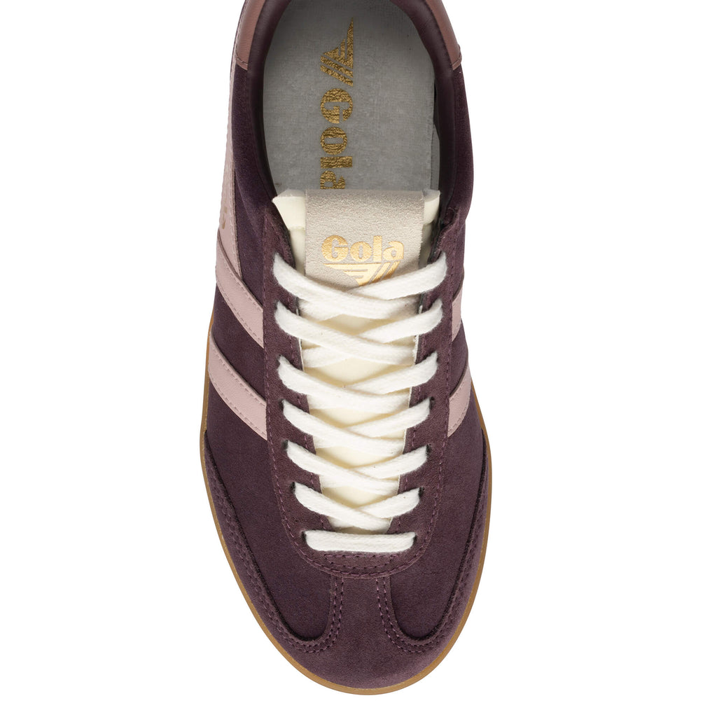 Gola Harrier suede trainers in plum and pink, top-down view