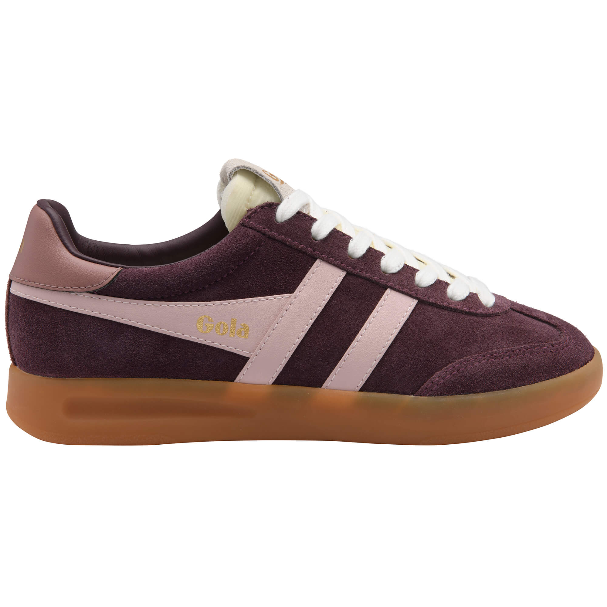 Gola women's trainer in burgundy suede with pink stripes and white laces