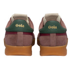 Pair of Gola trainers, rear view, in pink suede with green and burgundy accents and a gum sole