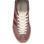 Top-down view of a Gola trainer in dusty pink suede with burgundy stripes and white laces